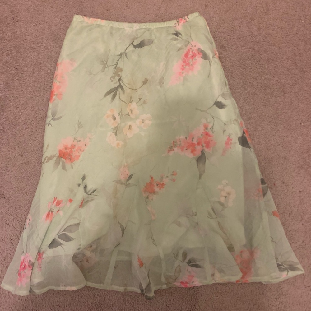 Green and Pink Floral Midi Skirt